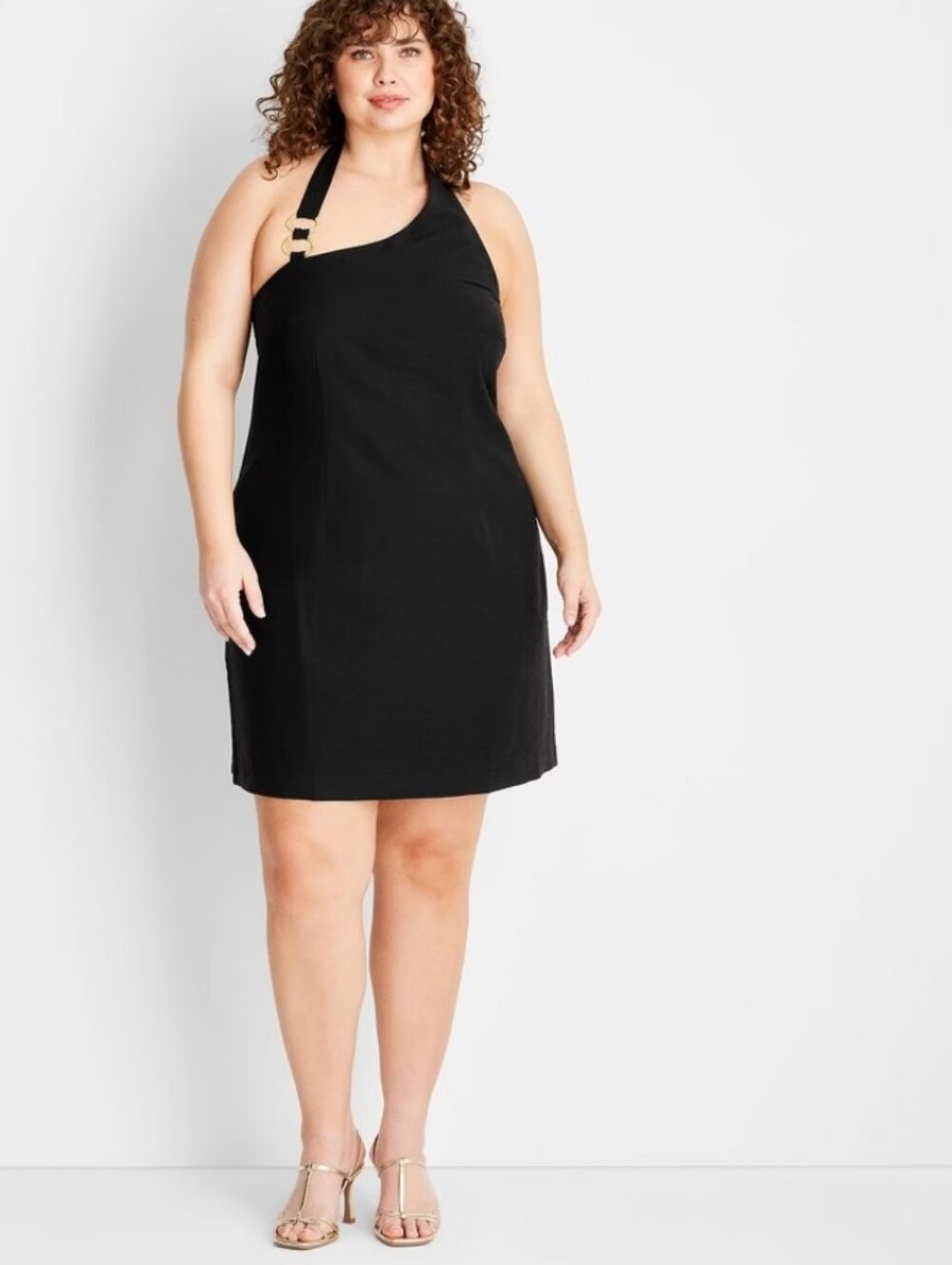 Plus Size Black One-Shoulder Mini Dress with Gold Buckle Detail
